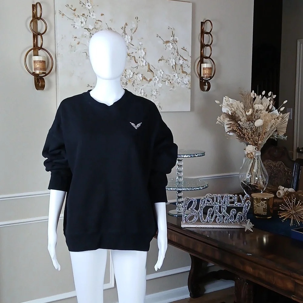 Victoria's Secret Angel Rhinestones Logo Women's Black Fleece Sweatshirt. Size M - Picture 5 of 17